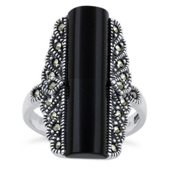 925 STERLING SILVER Tall Black Onyx & Marcasite Ring - Picture 13 of 15